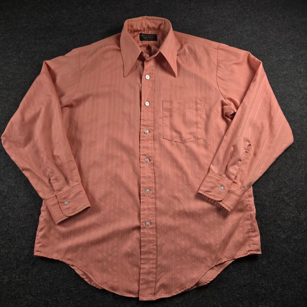 Vtg JC Penney Salmon Dress Shirt Textured Striped 70s Point Collar Men's L